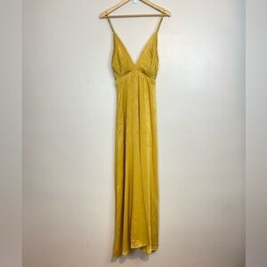 NWT Dee Elly Yellow Satin Maxi Dress Plunging Neckline
